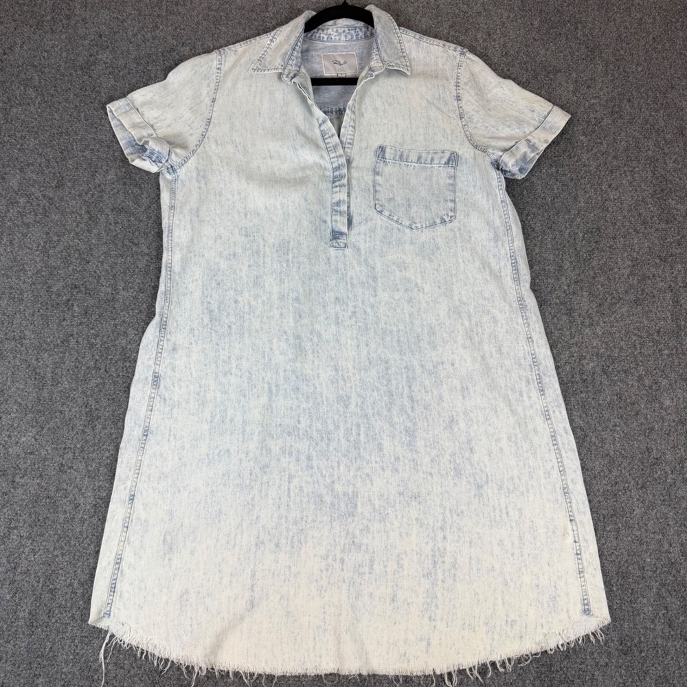 Rails Light Acid Wash Denim Shirt Dress Short Sleeve Frayed Hem Mini Dress